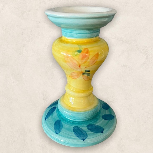 HAND PAINTED Candlestick Shabby Chic Floral Yellow Blue Floral Decorative EUC - Picture 1 of 5